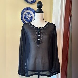 Moda International | Black Boho-Chic Beaded Sheer Blouse, Size M